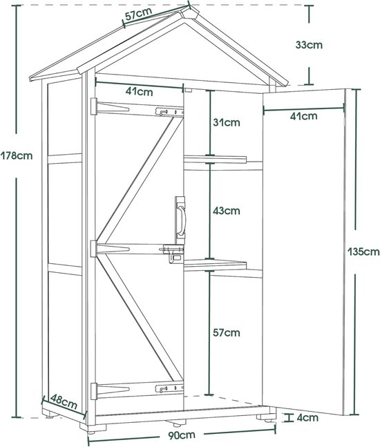 Grijze Houten Tuinkast met Waterdicht Zadeldak - 90x48x178 cm – foto 5