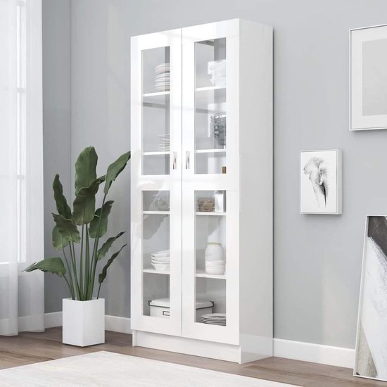 Elegante Vitrine- en Boekenkast van Spaanplaat en Glas - Hoogglans Wit – foto 5