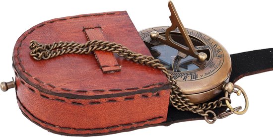 Messing Kompas Zonnewijzer met Leren Etui – foto 3