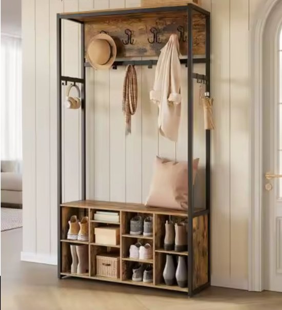 Multifunctionele Kapstok met Bank, Schoenenrek en Opbergplank - Industrieel Design – foto 3