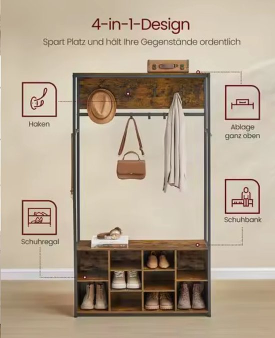 Multifunctionele Kapstok met Bank, Schoenenrek en Opbergplank - Industrieel Design – foto 5