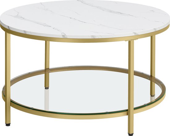Salontafel met Marmerlook Blad, Gouden Stalen Poten en Glazen Opbergplank – foto 1