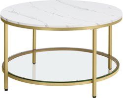 Salontafel met Marmerlook Blad, Gouden Stalen Poten en Glazen Opbergplank – foto 2