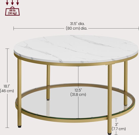 Salontafel met Marmerlook Blad, Gouden Stalen Poten en Glazen Opbergplank – foto 3