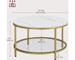 Salontafel met Marmerlook Blad, Gouden Stalen Poten en Glazen Opbergplank – foto 4