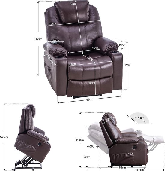 Elektrische Relaxfauteuil met Sta-op Hulp en Massagefunctie - Bruin – foto 4