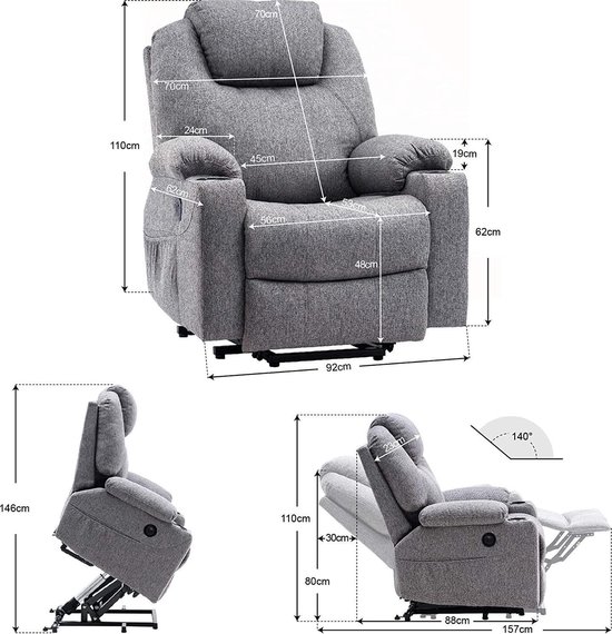 Luxe Elektrische Relaxfauteuil met Sta-op Hulp en Massagefunctie - Grijs – foto 3