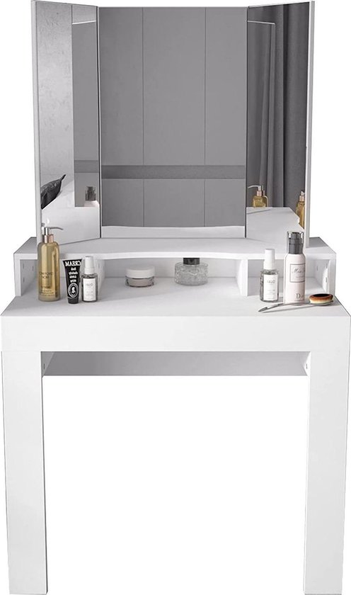 Elegante Kaptafel met Driedelige Spiegel - Wit MDF Hout – foto 3