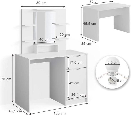 Moderne Make-uptafel met Spiegel en Lades - Wit – foto 3