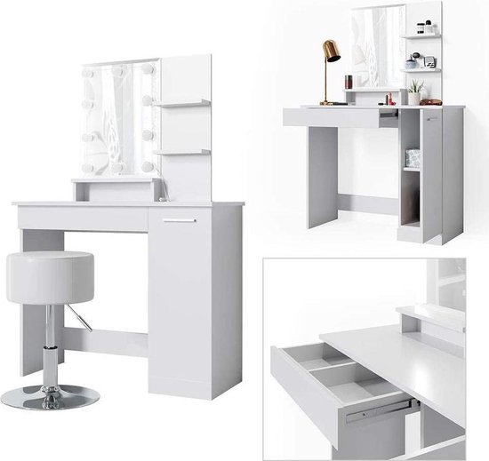 Elegante Kaptafel met Spiegel en Opbergruimte - Stijlvol Wit en Eiken Design – foto 4