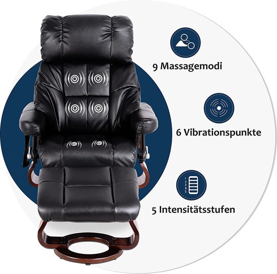 Luxe Relaxfauteuil met Massagefunctie, 360° Draaibaar en Hocker - Zwart Kunstleer – foto 2
