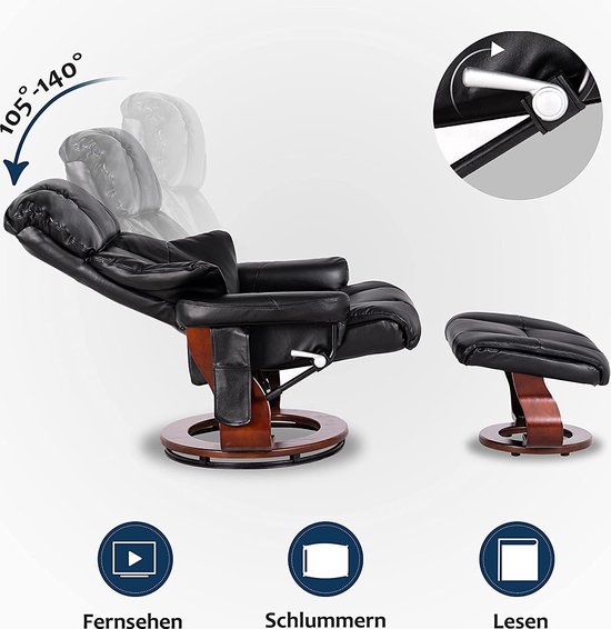 Luxe Relaxfauteuil met Massagefunctie, 360° Draaibaar en Hocker - Zwart Kunstleer – foto 3