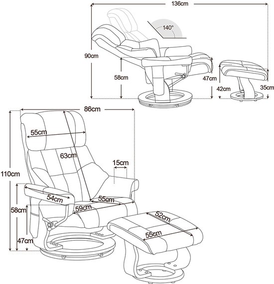 Luxe Relaxfauteuil met Massagefunctie, 360° Draaibaar en Hocker - Zwart Kunstleer – foto 5