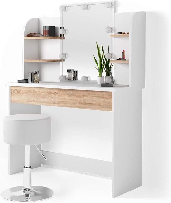Luxe Kaptafel met LED-Spiegel, Royale Opbergruimte en Comfortabele Kruk - Zwart Mat – foto 3