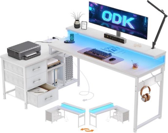 Multifunctioneel L-vormig Bureau met LED-verlichting en USB-oplaadpunten - Wit – foto 1