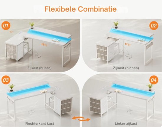 Multifunctioneel L-vormig Bureau met LED-verlichting en USB-oplaadpunten - Wit – foto 3