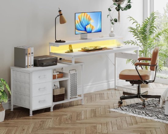 Multifunctioneel L-vormig Bureau met LED-verlichting en USB-oplaadpunten - Wit – foto 5