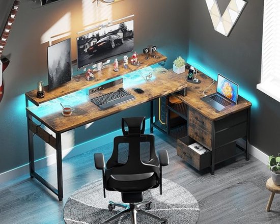 Multifunctioneel L-vormig Bureau met LED-verlichting en USB-poorten – foto 1