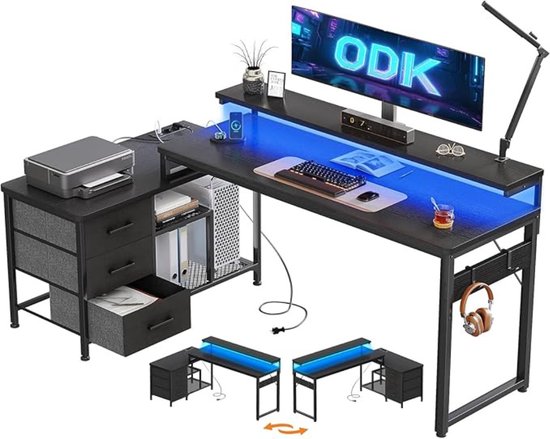 Multifunctioneel L-vormig Bureau met USB-poorten, LED-verlichting en Monitorstandaard – foto 2