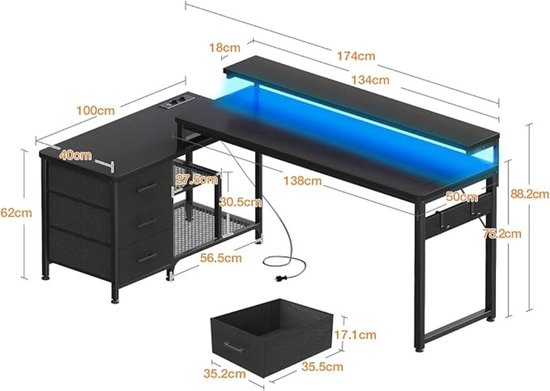 Multifunctioneel L-vormig Bureau met USB-poorten, LED-verlichting en Monitorstandaard – foto 5