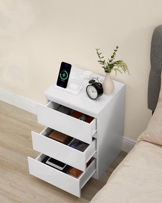 Nachtkastje met geïntegreerd Laadstation, 2 Stopcontacten en 2 USB-Poorten - Wit – foto 1