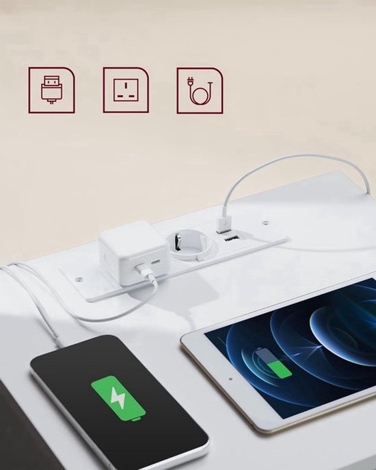 Nachtkastje met geïntegreerd Laadstation, 2 Stopcontacten en 2 USB-Poorten - Wit – foto 3