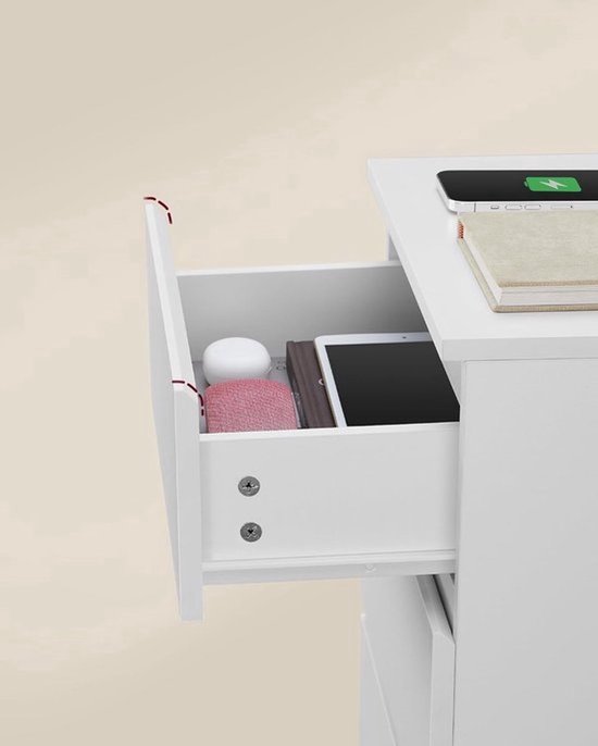 Nachtkastje met geïntegreerd Laadstation, 2 Stopcontacten en 2 USB-Poorten - Wit – foto 5