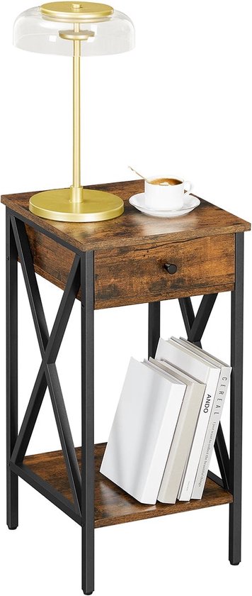 Elegant Nachtkastje / Bijzettafel met Lade - Bruin-Zwart (35x35x70cm) – foto 1