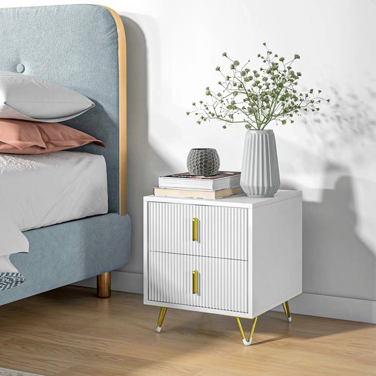 Luxe Nachtkastje met 2 Lades - Modern Design Wit en Goud – foto 3