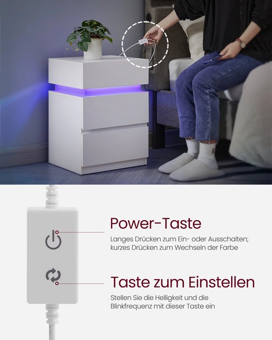 Elegant Nachtkastje met Sfeervolle LED-Verlichting en 3 Lades - Wit – foto 1