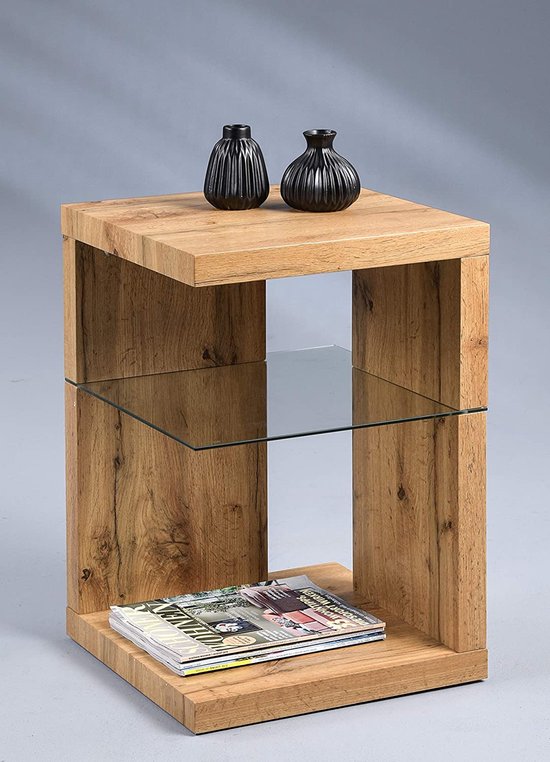 Elegant Nachtkastje & Bijzettafel met Wild Eiken Decor en Glazen Plank – foto 1