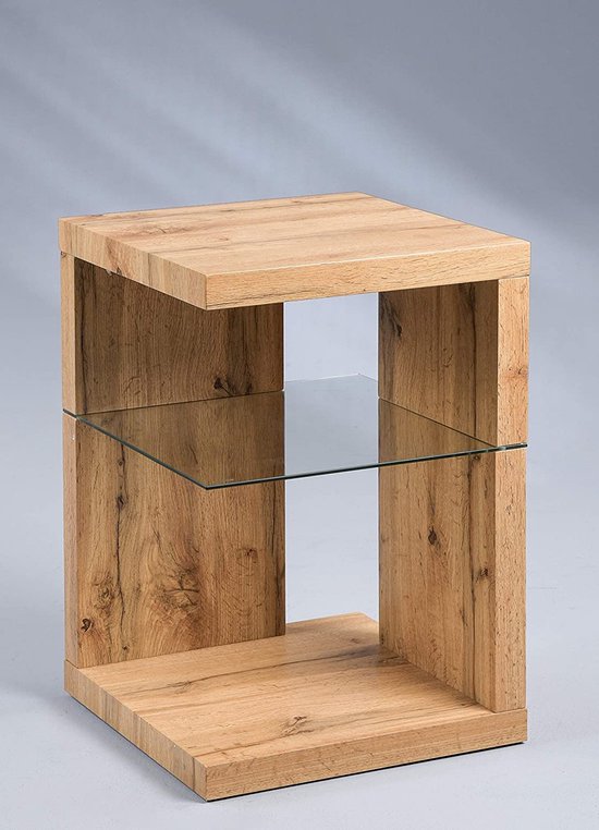 Elegant Nachtkastje & Bijzettafel met Wild Eiken Decor en Glazen Plank – foto 3