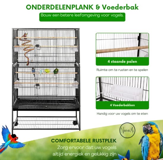 Ruime Vogelvolière met Standaard op Wieltjes - Geschikt voor Meerdere Grote Vogels – foto 3