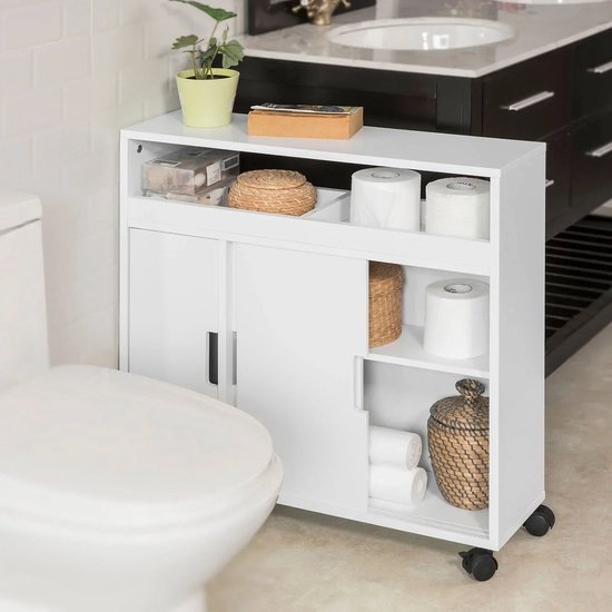 Badkamer Opbergkast met Toiletrolhouder en Wielen - Wit MDF – foto 1