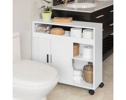 Badkamer Opbergkast met Toiletrolhouder en Wielen - Wit MDF – foto 2