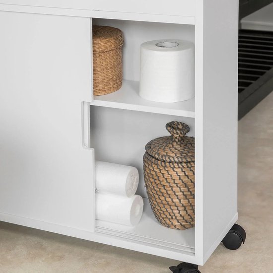 Badkamer Opbergkast met Toiletrolhouder en Wielen - Wit MDF – foto 3
