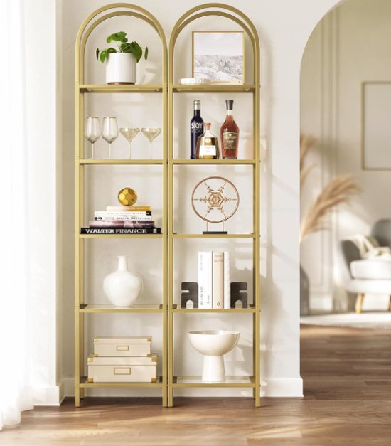 Elegante Boekenkast met Vijf Geharde Glazen Planken en Gouden Metalen Frame – foto 1