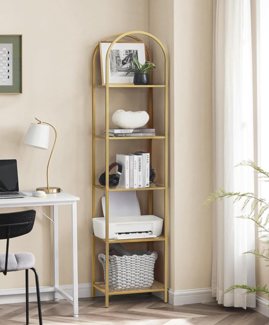 Elegante Boekenkast met Vijf Geharde Glazen Planken en Gouden Metalen Frame – foto 4