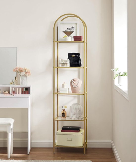Elegante Boekenkast met Vijf Geharde Glazen Planken en Gouden Metalen Frame – foto 5