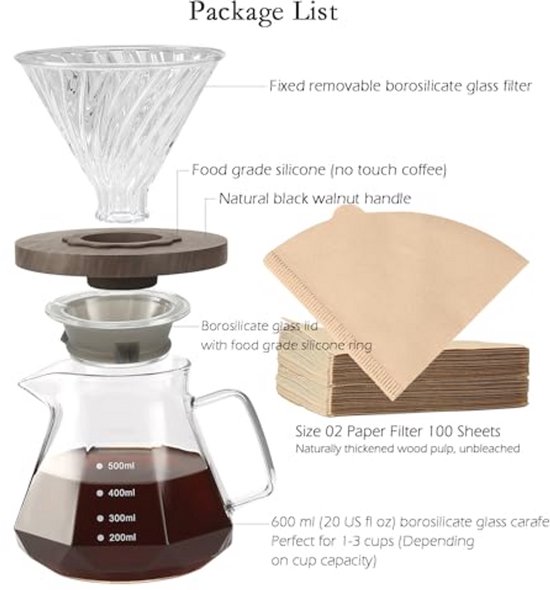Pour Over Koffiezetapparaat van Borosilicaatglas - 600 ml Capaciteit – foto 3