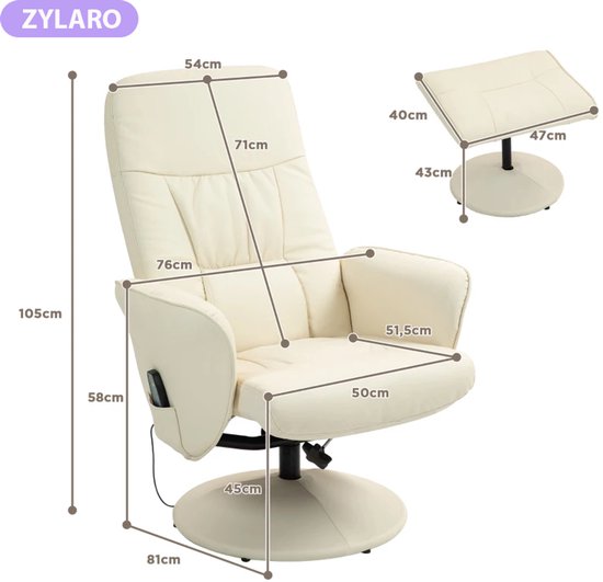 Luxe Relaxfauteuil met Massagefunctie en Draaibaar Onderstel - Crèmewit – foto 3