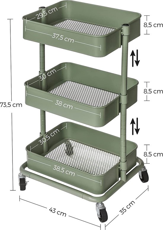 Flexibele opbergwagen met 3 niveaus en wielen - Grijsgroen – foto 5