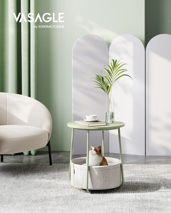 Stijlvolle Ronde Bijzettafel met Geïntegreerde Stoffen Mand - Lauriergroen – foto 3