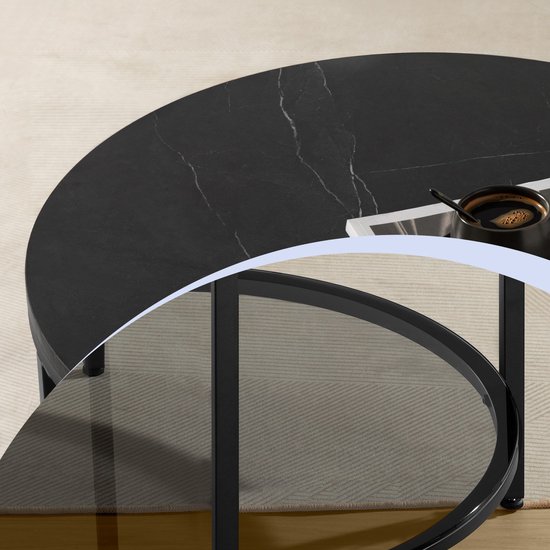 Elegante Ronde Salontafel met Twee Niveaus en Zwart Marmerlook – foto 7
