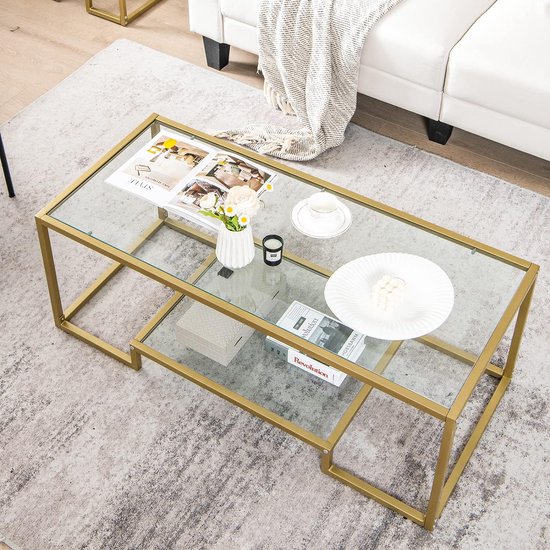 Elegante salontafel van gehard glas met goudkleurig metalen frame – foto 2