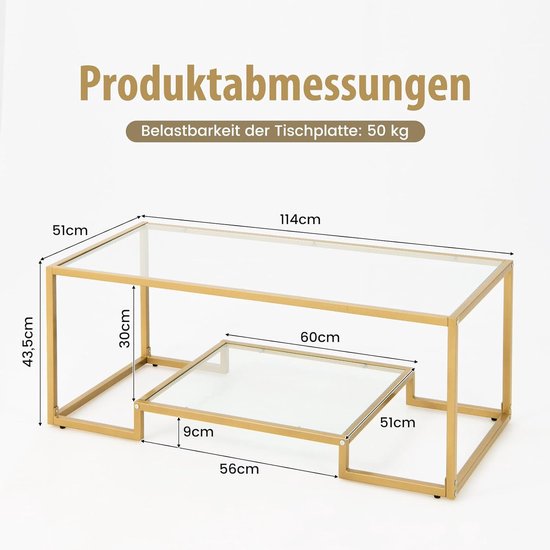 Elegante salontafel van gehard glas met goudkleurig metalen frame – foto 3
