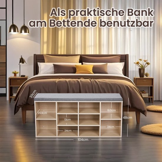 Schoenenbank met 10 Vakken - Houten Look - 104x30x48 cm – foto 2