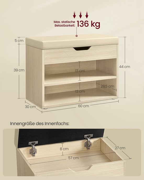 Schoenenbank met Opbergruimte en Comfortabel Zitkussen - Natuurlijk Beige – foto 3