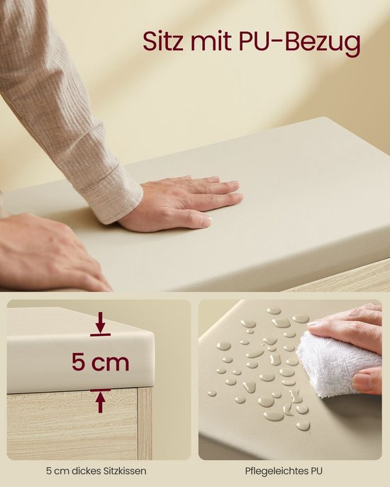 Schoenenbank met Opbergruimte en Comfortabel Zitkussen - Natuurlijk Beige – foto 6