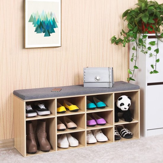 Schoenenbank met Opbergruimte en Comfortabel Zitkussen - Natuurlijke Houtlook – foto 4
